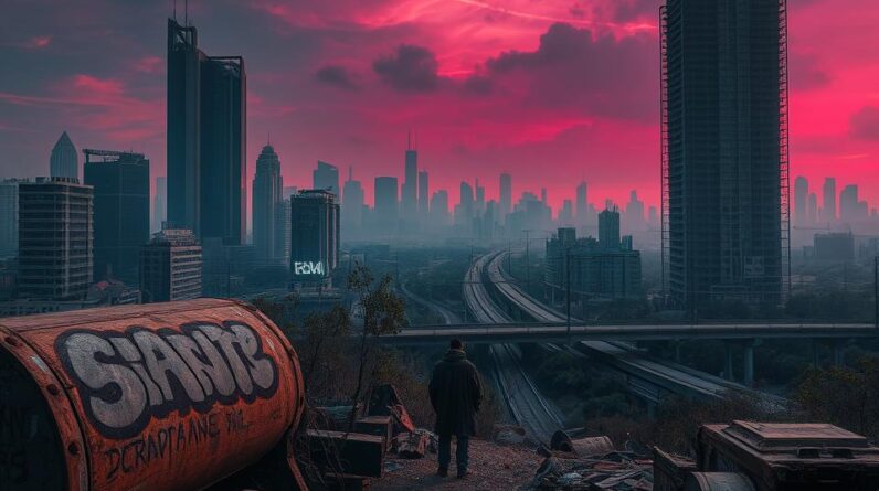 abandoned cyberpunk cityscape